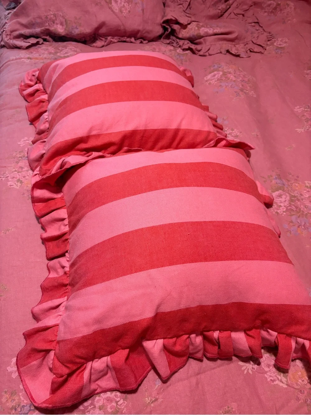 Striped Ruffle Decorative Pillow Pair in Pink & Red